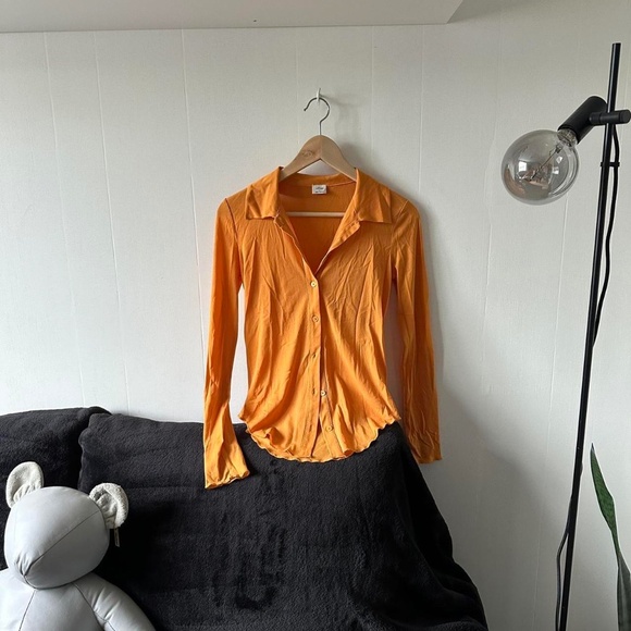 Aritzia orange long sleeve sheer button up shirt - Picture 1 of 5